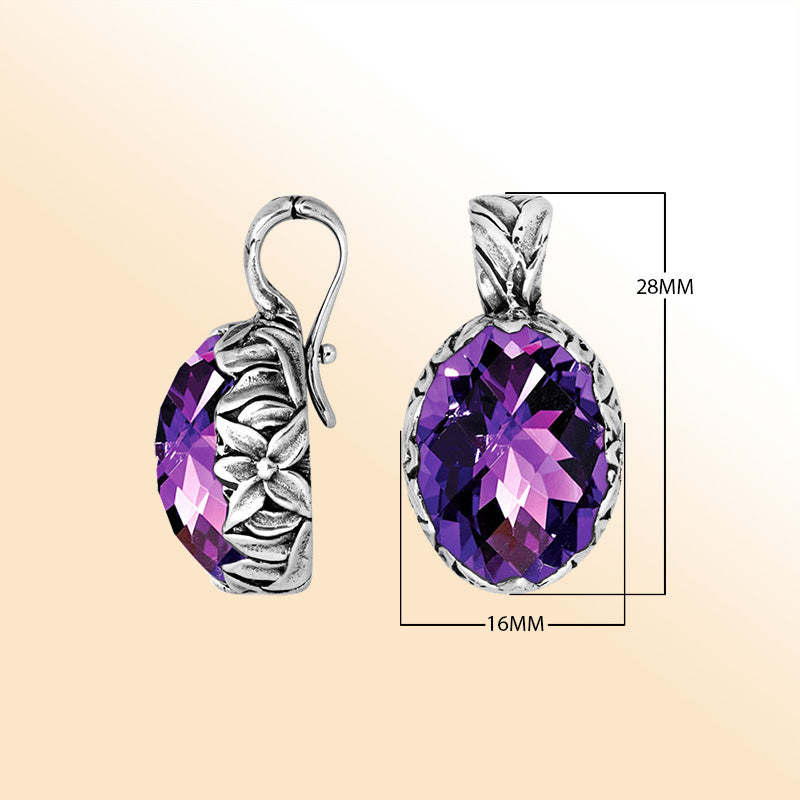 Elegant sterling silver oval-shaped Amethyst Quartz pendant with engraved floral detailing and enhancer bail, mirror-polished for timeless sophistication and everyday modern style.