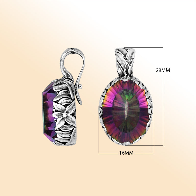 Elegant sterling silver oval-shaped Mystic Quartz pendant with engraved floral detailing, enhancer bail, and high-polished finish, reflecting iridescent colors and artistic craftsmanship.