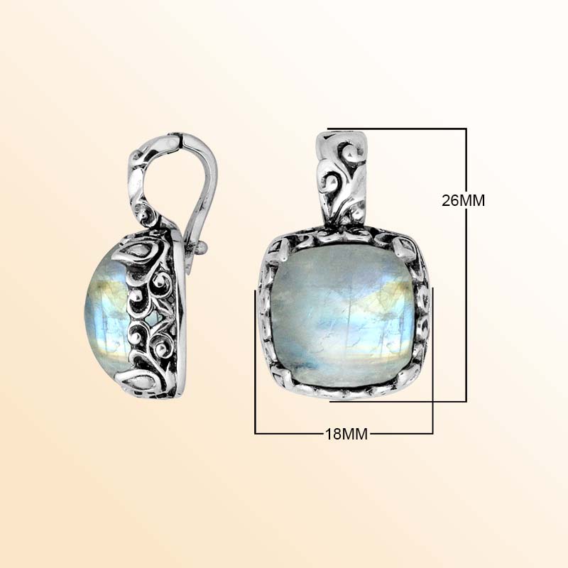 Handcrafted sterling silver pendant featuring Rainbow Moonstone with artistic Balinese scroll accents.