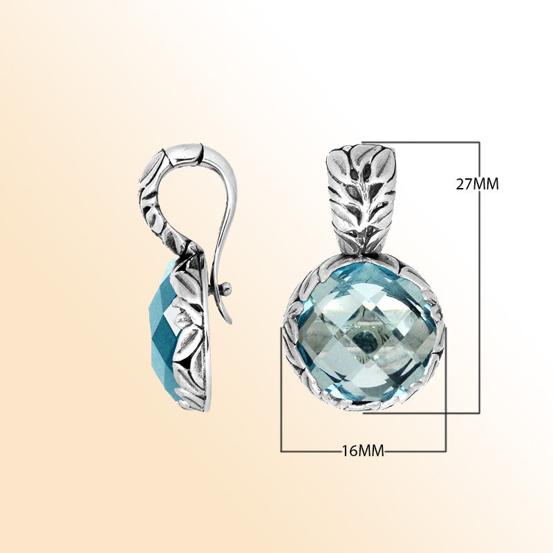 Elegant Sterling Silver Pendant Featuring Blue Topaz Quartz With Engraved Design