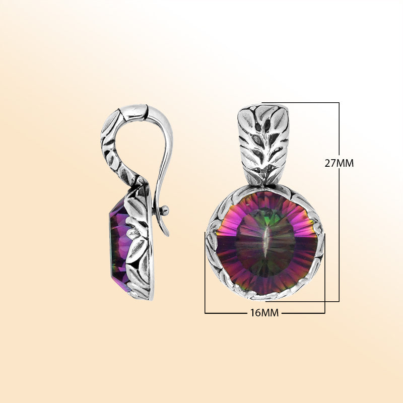 A handcrafted sterling silver pendant featuring a colorful Mystic Quartz center surrounded by artistic leaf carvings and a polished decorative frame for expressive everyday styling.