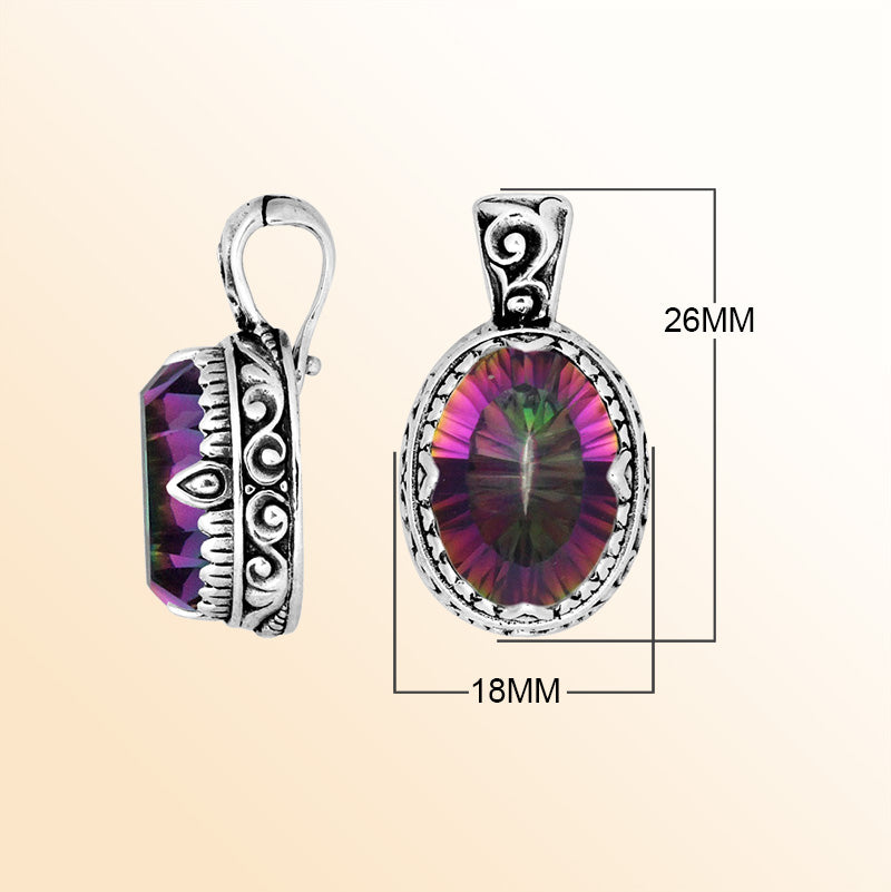 Handcrafted sterling silver pendant featuring a vibrant Mystic Quartz centerpiece surrounded by artistic scroll carvings and a smooth decorative frame for expressive personal styling.