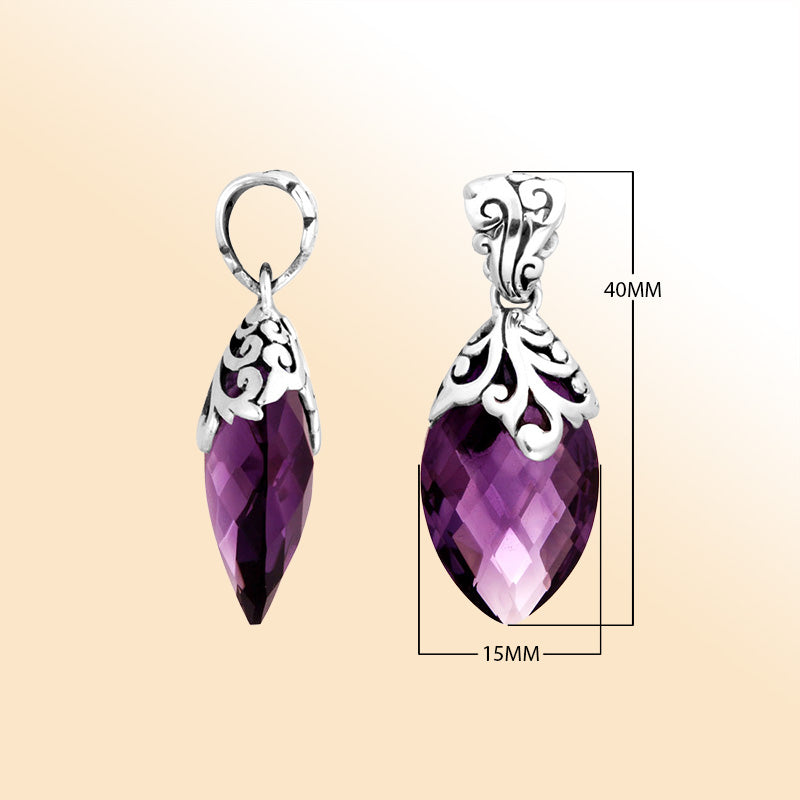 Handcrafted sterling silver marquise pendant showcasing a faceted Amethyst Quartz centerpiece accented with artistic filigree carvings and a polished decorative frame for expressive styling.