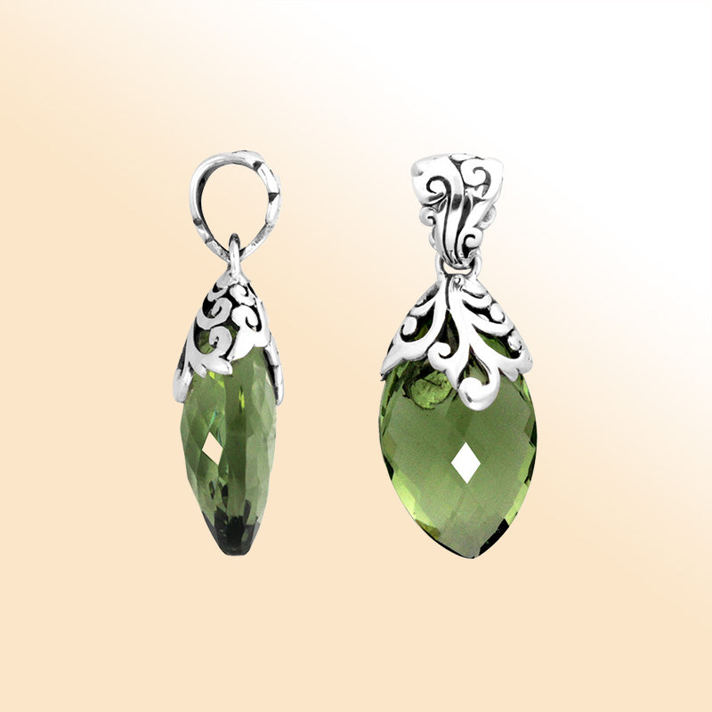 Handcrafted sterling silver marquise pendant featuring a faceted Green Amethyst Quartz centerpiece embellished with artistic filigree carvings and a polished decorative frame.