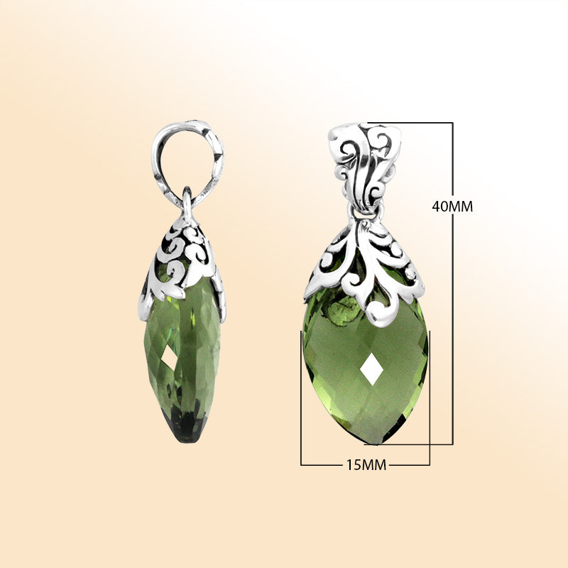 Handcrafted sterling silver marquise pendant featuring a faceted Green Amethyst Quartz centerpiece embellished with artistic filigree carvings and a polished decorative frame.