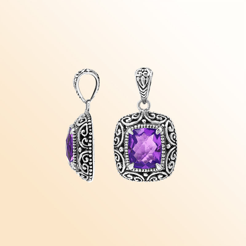 Handcrafted sterling silver cushion pendant featuring a faceted Amethyst Quartz center enriched with artistic Balinese scroll carvings and a polished decorative frame.