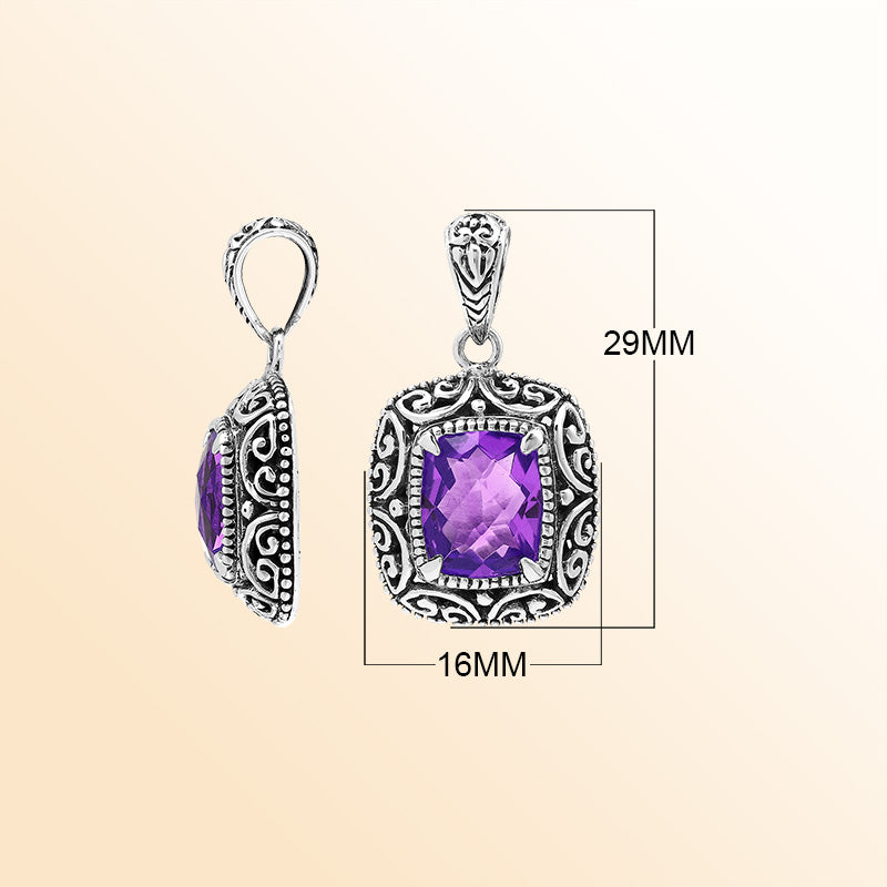 Handcrafted sterling silver cushion pendant featuring a faceted Amethyst Quartz center enriched with artistic Balinese scroll carvings and a polished decorative frame.