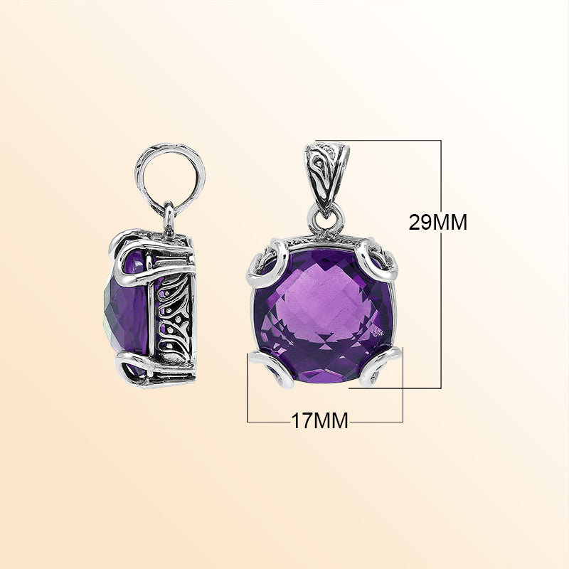 Handcrafted sterling silver cushion pendant featuring a faceted Amethyst Quartz centerpiece held with artistic prong work and fine Balinese carved detailing.