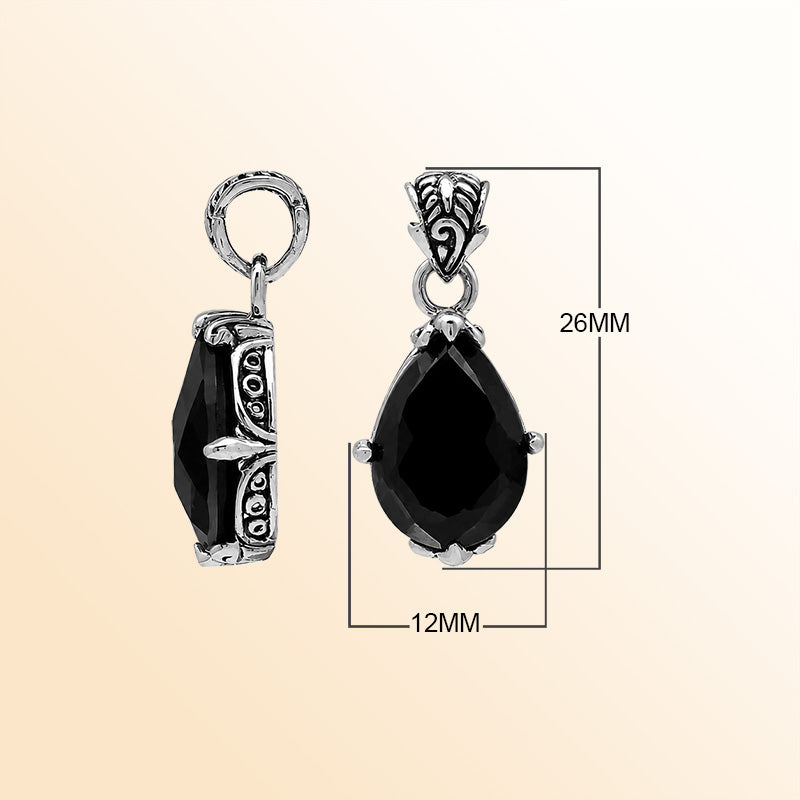 Vintage sterling silver Black Onyx pendant with handcrafted Balinese artisan detailing