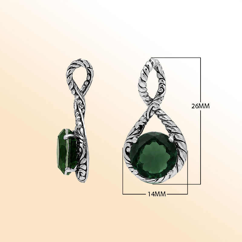 Vintage sterling silver Green Quartz round cut pendant with handcrafted Balinese detailing