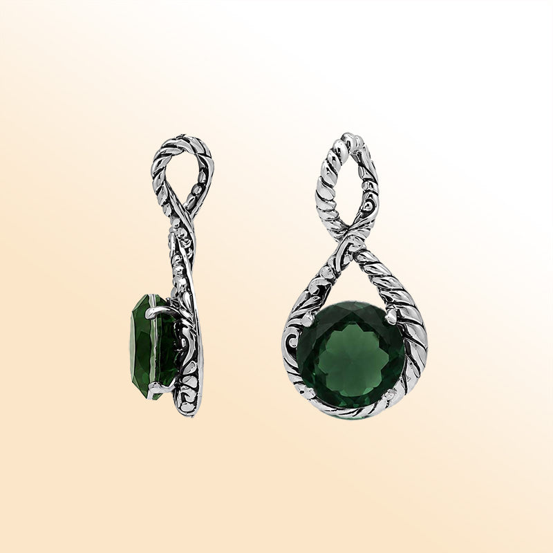 Vintage sterling silver Green Quartz round cut pendant with handcrafted Balinese detailing
