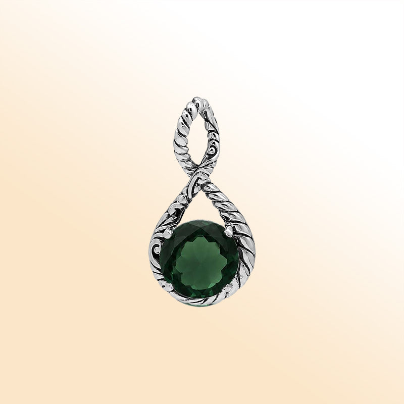 Vintage sterling silver Green Quartz round cut pendant with handcrafted Balinese detailing