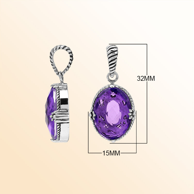 Handcrafted sterling silver oval pendant featuring radiant Amethyst Quartz and rope-textured Balinese detailing.