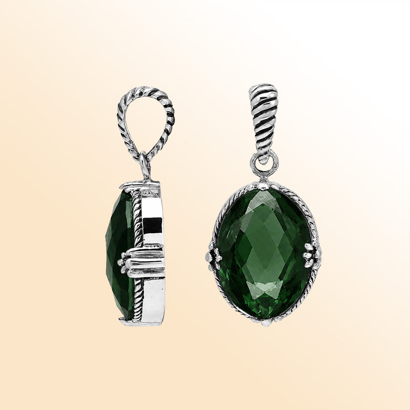 Vintage sterling silver Green Quartz oval pendant with handcrafted Balinese detailing