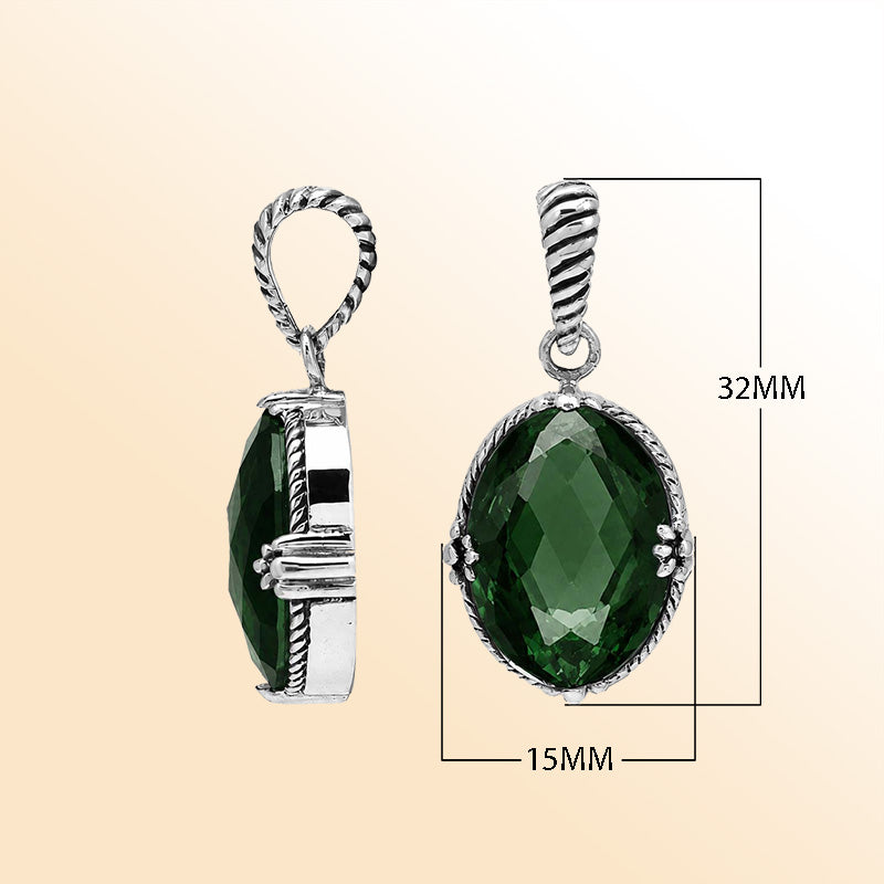 Vintage sterling silver Green Quartz oval pendant with handcrafted Balinese detailing