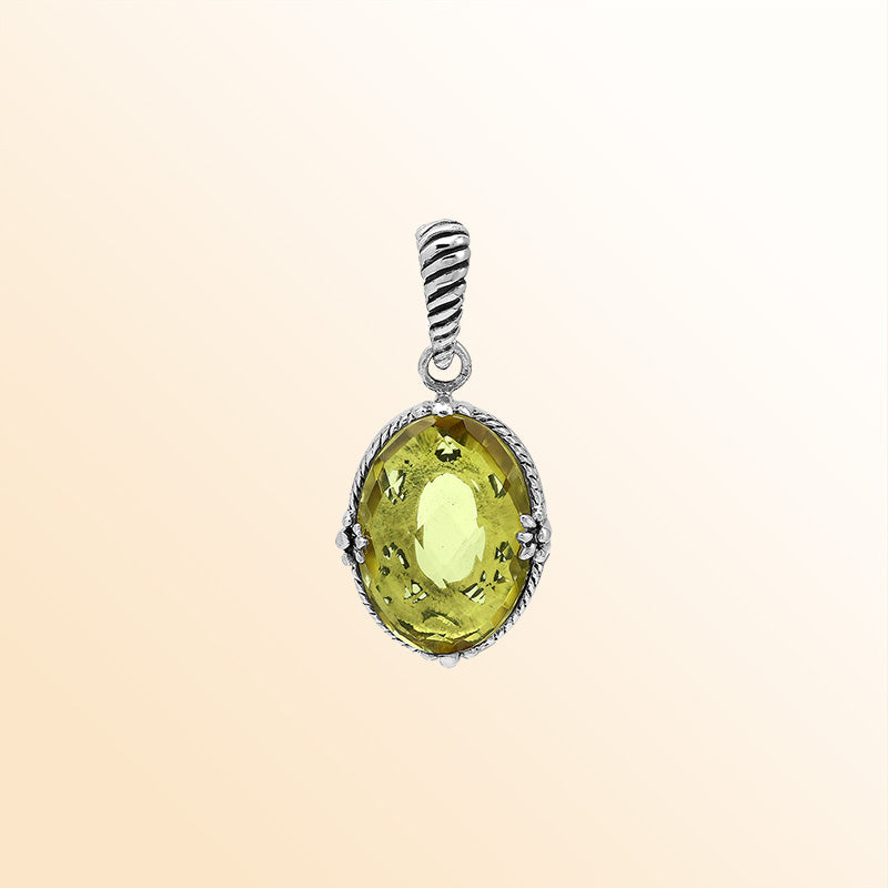 Artistic Lemon Quartz oval pendant made with polished 925 sterling silver featuring soft rope-inspired detailing and a bright modern aesthetic for stylish daily wear