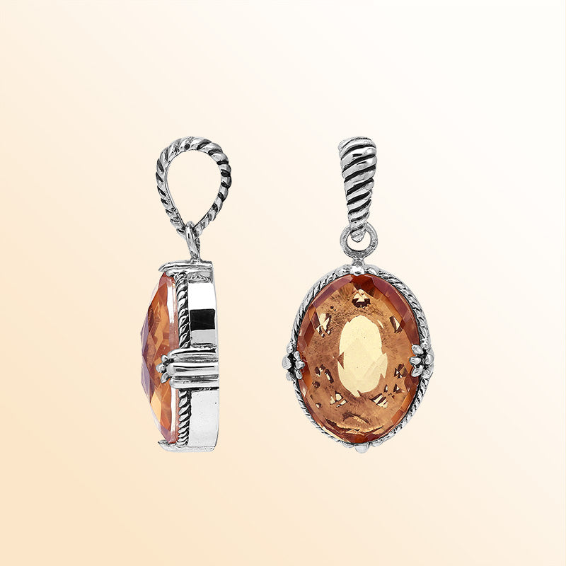 Artistic Morganite Quartz oval pendant in polished 925 sterling silver with soft rope accents and a warm contemporary handcrafted-inspired aesthetic for everyday wear
