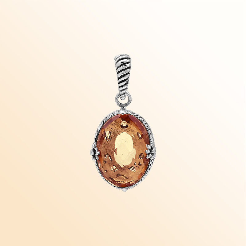 Artistic Morganite Quartz oval pendant in polished 925 sterling silver with soft rope accents and a warm contemporary handcrafted-inspired aesthetic for everyday wear