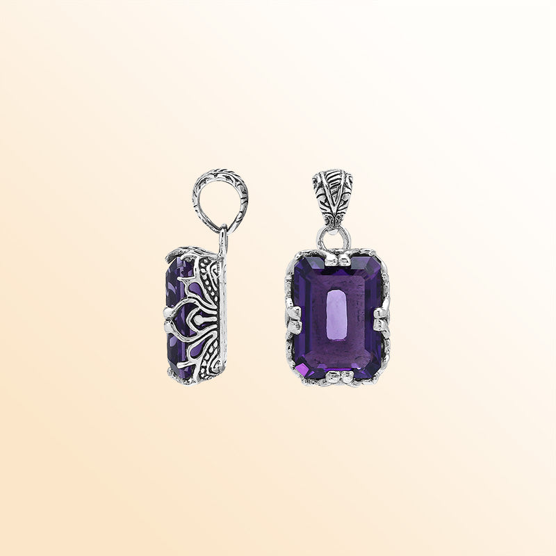 Artistic Amethyst Quartz emerald-cut pendant made in polished 925 sterling silver with filigree accents and a bold contemporary handcrafted-inspired appearance