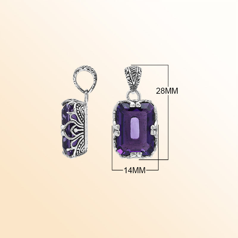 Artistic Amethyst Quartz emerald-cut pendant made in polished 925 sterling silver with filigree accents and a bold contemporary handcrafted-inspired appearance