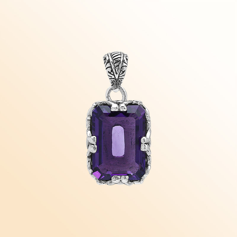 Artistic Amethyst Quartz emerald-cut pendant made in polished 925 sterling silver with filigree accents and a bold contemporary handcrafted-inspired appearance