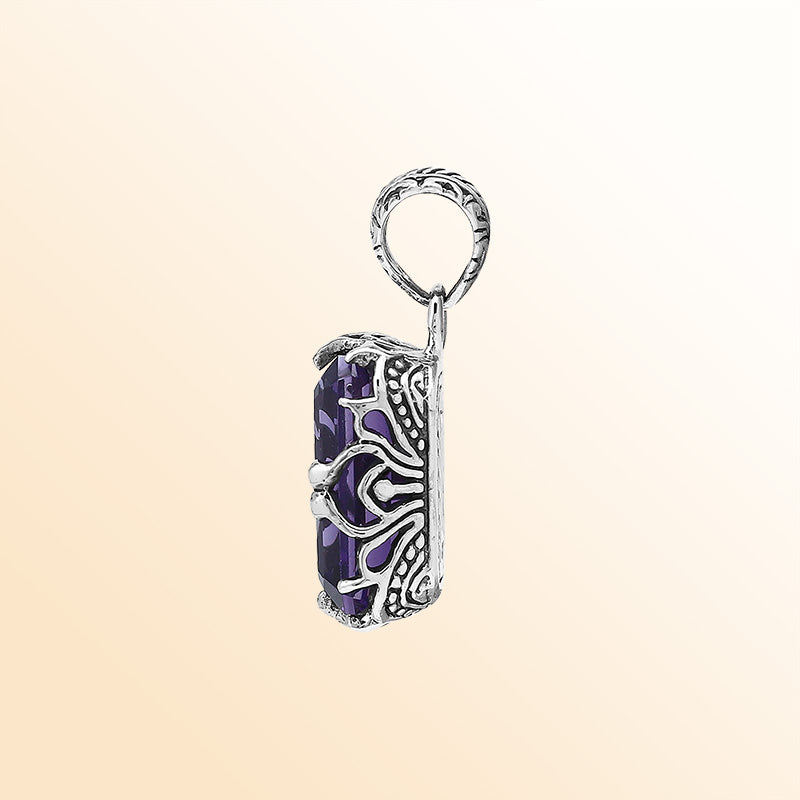 Artistic Amethyst Quartz emerald-cut pendant made in polished 925 sterling silver with filigree accents and a bold contemporary handcrafted-inspired appearance