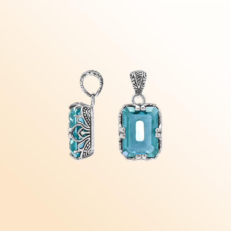 Artistic Blue Topaz Quartz emerald-cut pendant crafted in polished 925 sterling silver with filigree detailing and a bright modern handcrafted-inspired appearance