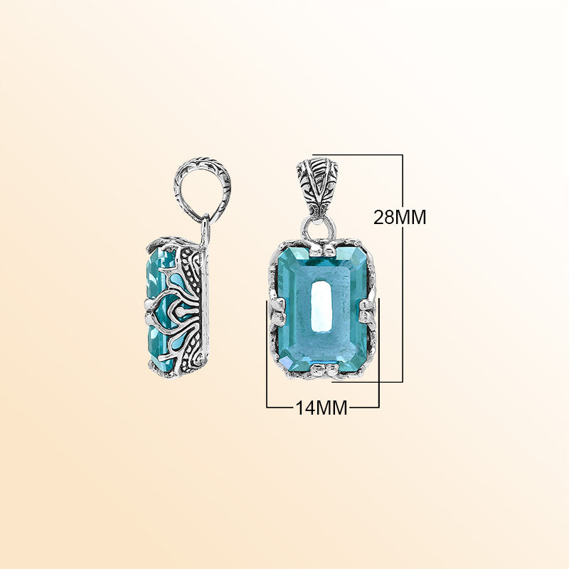 Artistic Blue Topaz Quartz emerald-cut pendant crafted in polished 925 sterling silver with filigree detailing and a bright modern handcrafted-inspired appearance