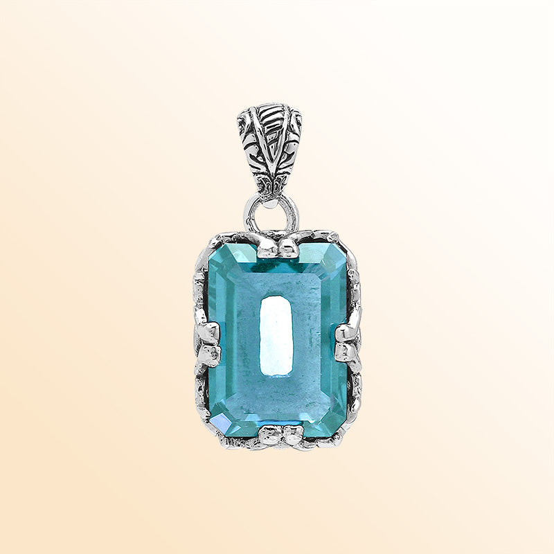 Artistic Blue Topaz Quartz emerald-cut pendant crafted in polished 925 sterling silver with filigree detailing and a bright modern handcrafted-inspired appearance