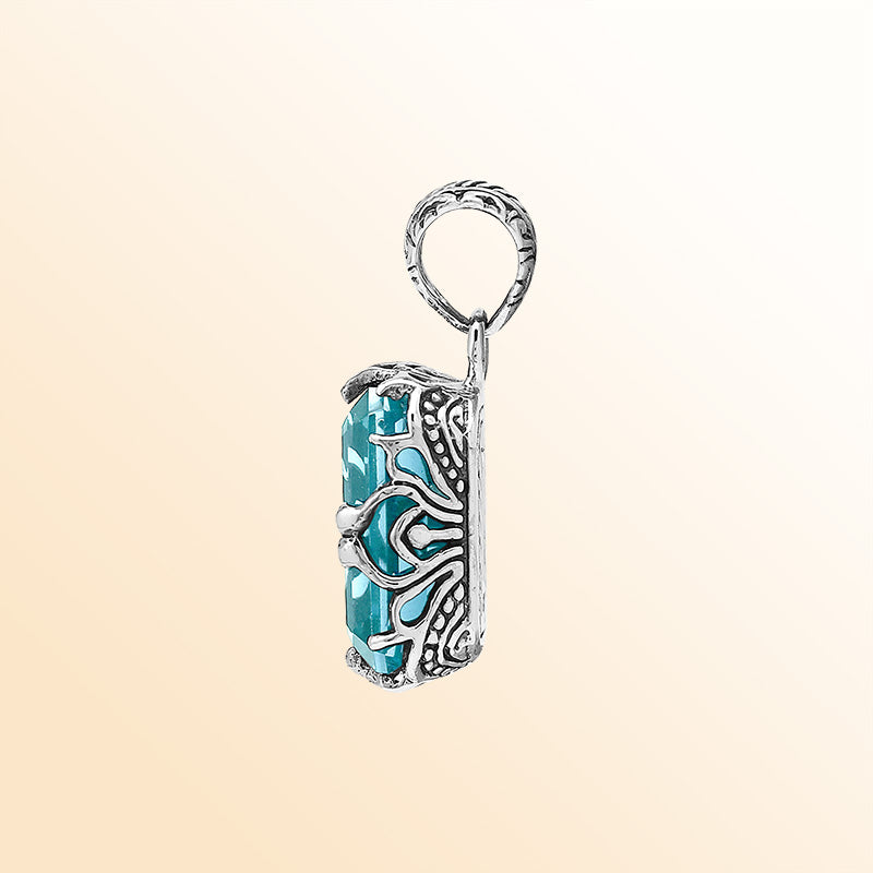 Artistic Blue Topaz Quartz emerald-cut pendant crafted in polished 925 sterling silver with filigree detailing and a bright modern handcrafted-inspired appearance