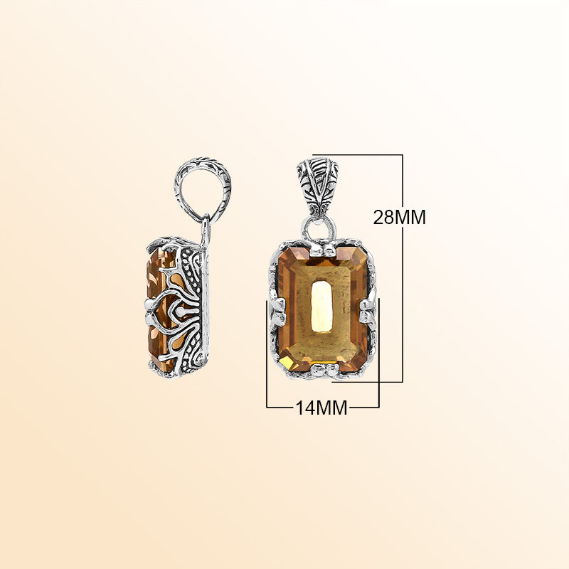 Artistic Citrine Quartz emerald-cut pendant crafted in polished 925 sterling silver featuring detailed filigree accents and a warm, modern handcrafted-inspired appeal