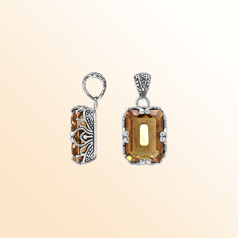 Sterling Silver Citrine Quartz Artistic Emerald Cut Pendant With Elegant Filigree Accents For Modern Jewelry Styling