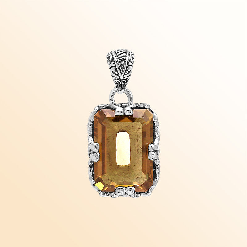 Artistic Citrine Quartz emerald-cut pendant crafted in polished 925 sterling silver featuring detailed filigree accents and a warm, modern handcrafted-inspired appeal