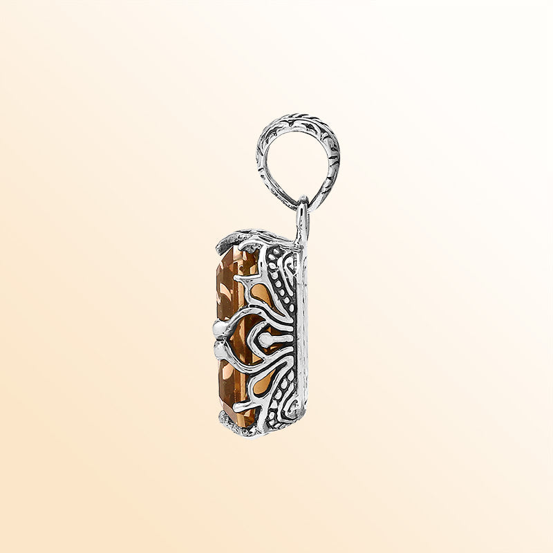 Artistic Citrine Quartz emerald-cut pendant crafted in polished 925 sterling silver featuring detailed filigree accents and a warm, modern handcrafted-inspired appeal