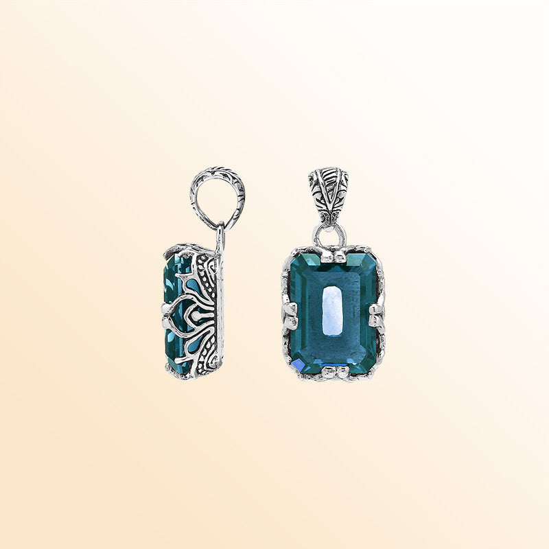 Artistic London Blue Topaz Quartz emerald-cut pendant made in polished 925 sterling silver with filigree detailing and a bold, modern handcrafted-inspired appearance