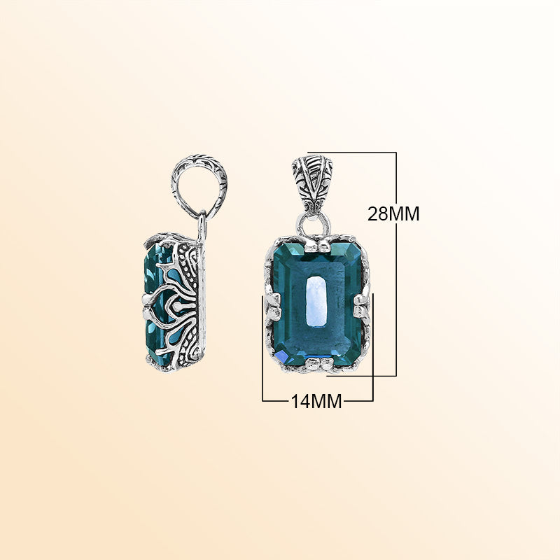 Artistic London Blue Topaz Quartz emerald-cut pendant made in polished 925 sterling silver with filigree detailing and a bold, modern handcrafted-inspired appearance