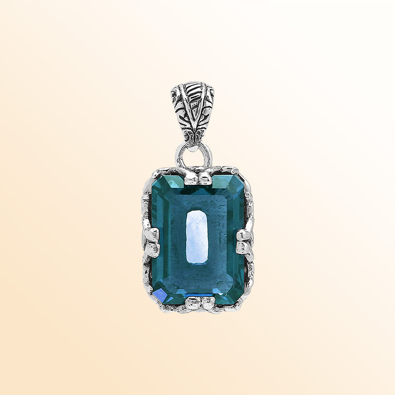 Artistic London Blue Topaz Quartz emerald-cut pendant made in polished 925 sterling silver with filigree detailing and a bold, modern handcrafted-inspired appearance