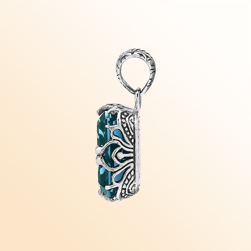 Artistic London Blue Topaz Quartz emerald-cut pendant made in polished 925 sterling silver with filigree detailing and a bold, modern handcrafted-inspired appearance