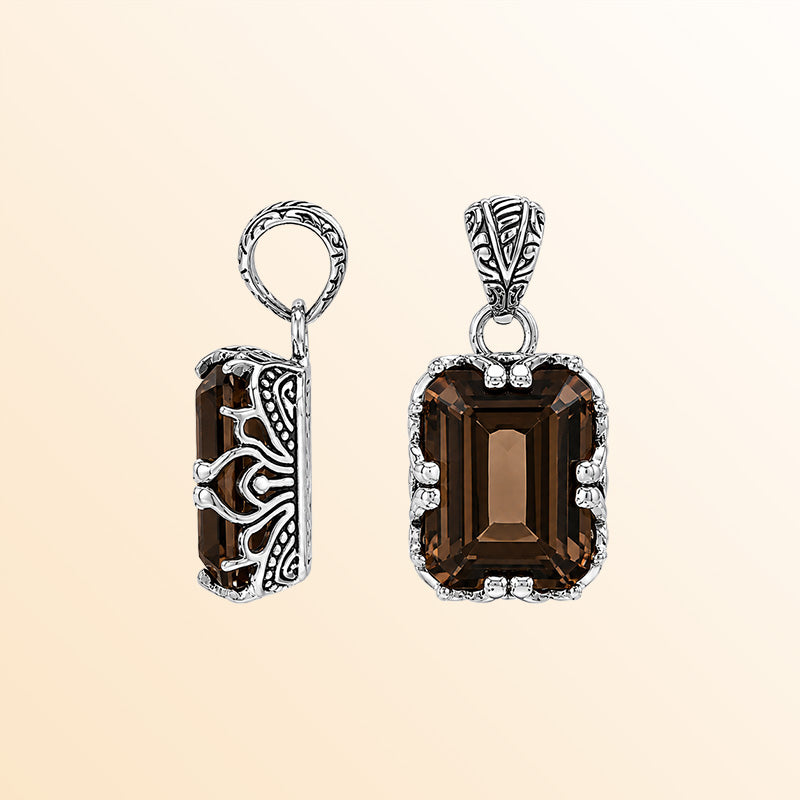 Vintage sterling silver Smokey Quartz pendant with handcrafted Balinese artisan detailing