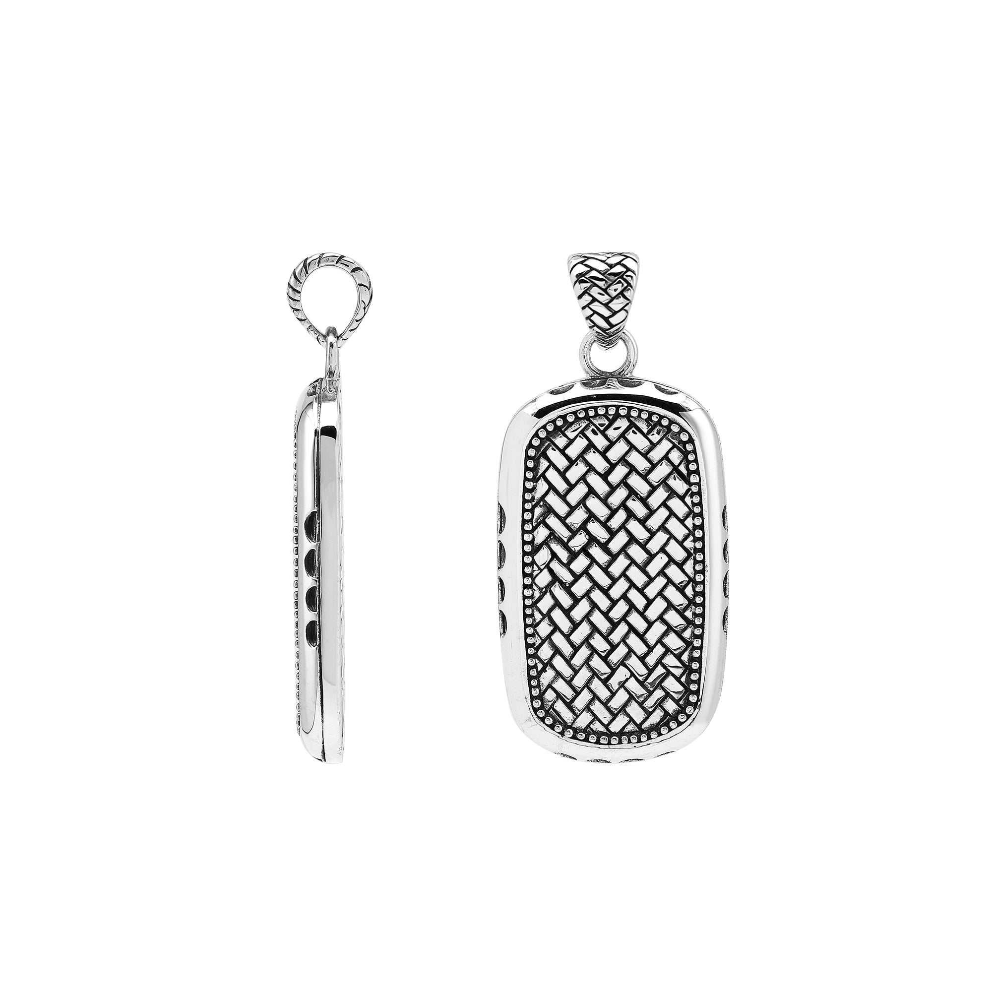 Sterling silver rectangle pendant with intricate Bali weave design and dotted border – handcrafted unisex artisan jewelry for everyday wear.