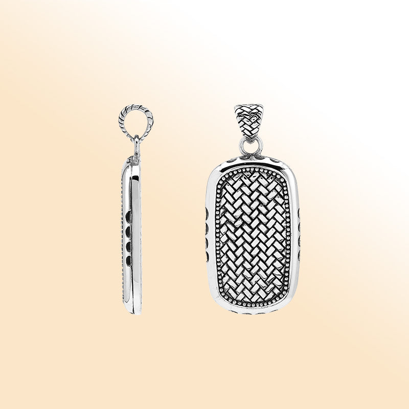 Sterling silver rectangle pendant with intricate Bali weave design and dotted border – handcrafted unisex artisan jewelry for everyday wear.