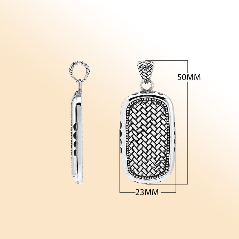 Sterling silver rectangle pendant with intricate Bali weave design and dotted border – handcrafted unisex artisan jewelry for everyday wear.