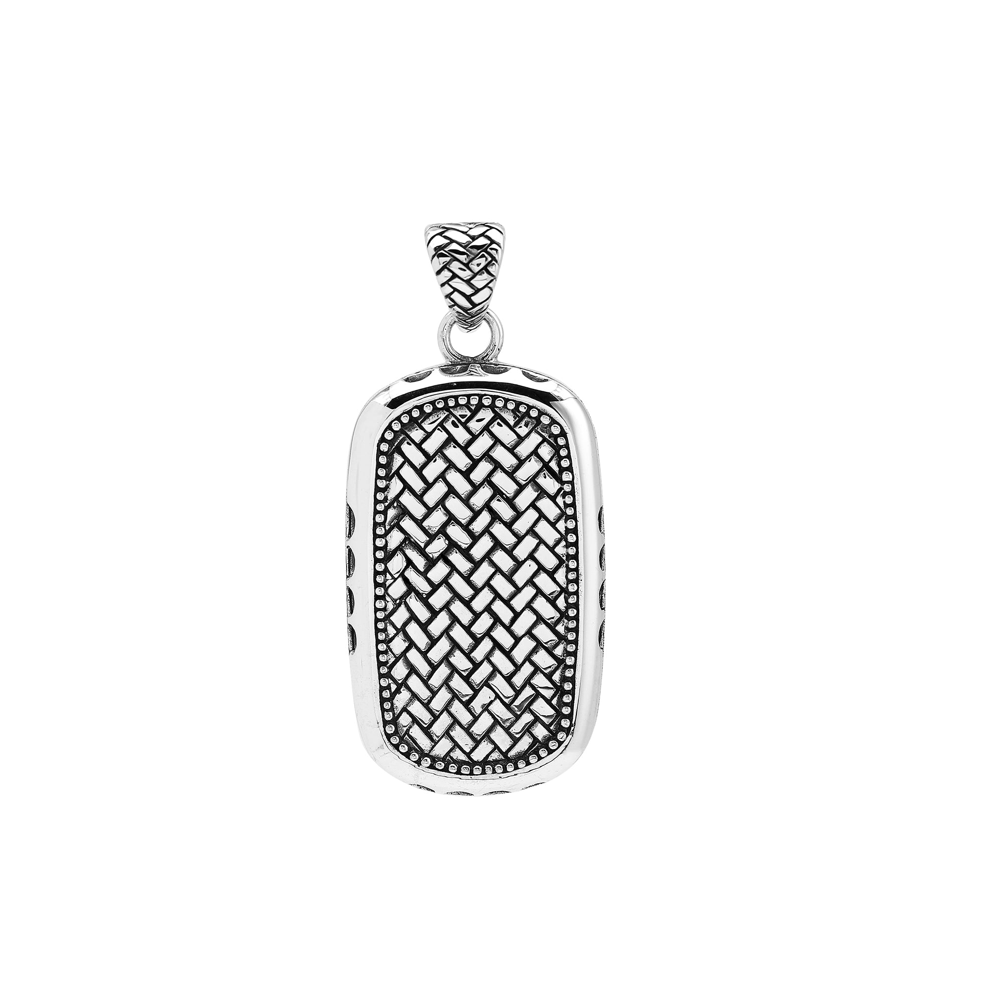 Sterling silver rectangle pendant with intricate Bali weave design and dotted border – handcrafted unisex artisan jewelry for everyday wear.