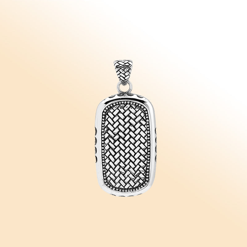 Sterling silver rectangle pendant with intricate Bali weave design and dotted border – handcrafted unisex artisan jewelry for everyday wear.