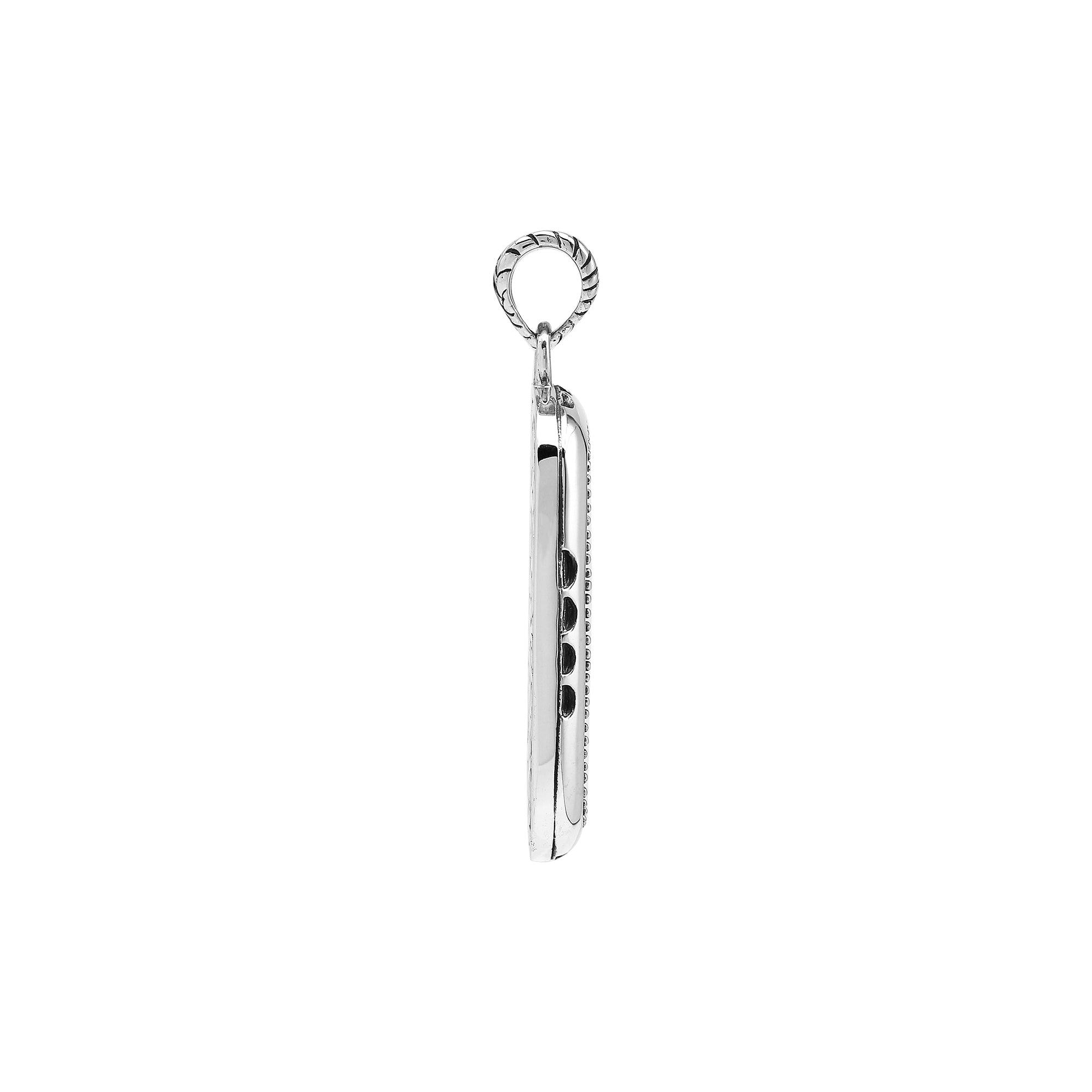 Sterling silver rectangle pendant with intricate Bali weave design and dotted border – handcrafted unisex artisan jewelry for everyday wear.