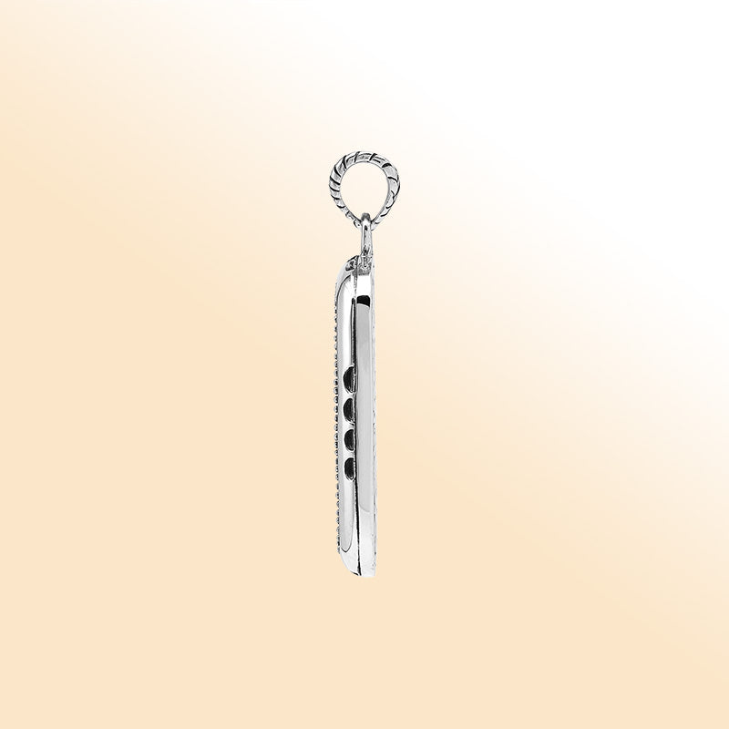 Sterling silver rectangle pendant with intricate Bali weave design and dotted border – handcrafted unisex artisan jewelry for everyday wear.