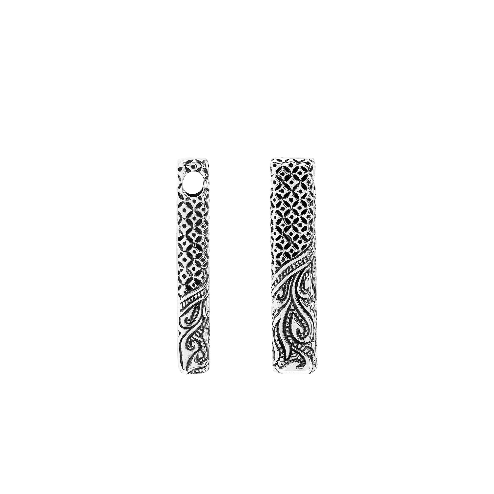 Sterling silver rectangular pendant with detailed Bali carving and oxidized finish – handcrafted unisex artisan jewelry for everyday wear or gifting.