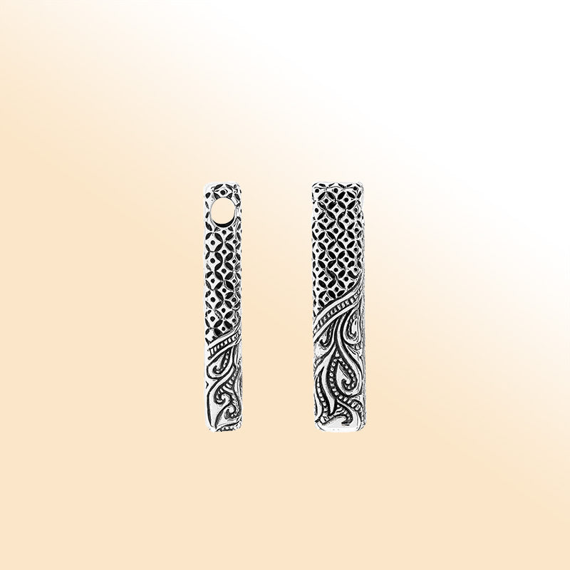 Sterling silver rectangular pendant with detailed Bali carving and oxidized finish – handcrafted unisex artisan jewelry for everyday wear or gifting.