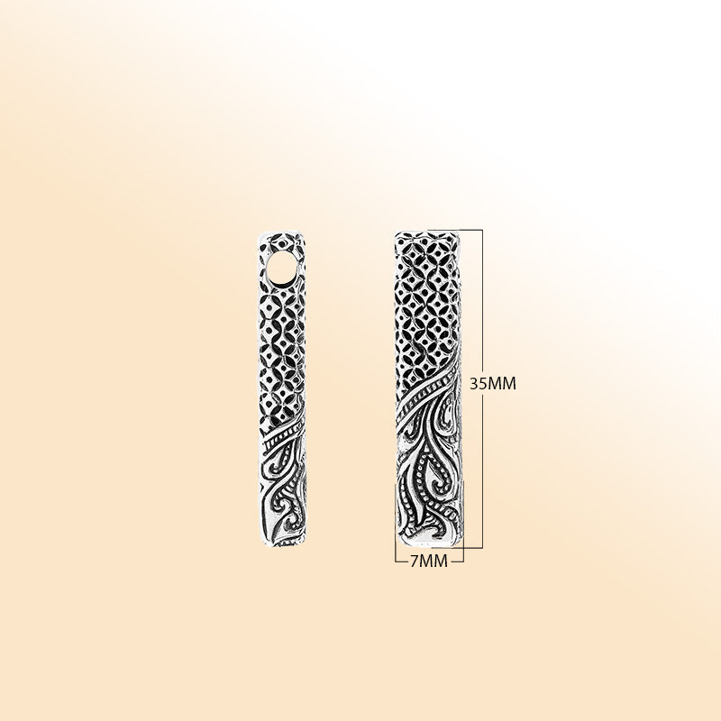 Sterling silver rectangular pendant with detailed Bali carving and oxidized finish – handcrafted unisex artisan jewelry for everyday wear or gifting.