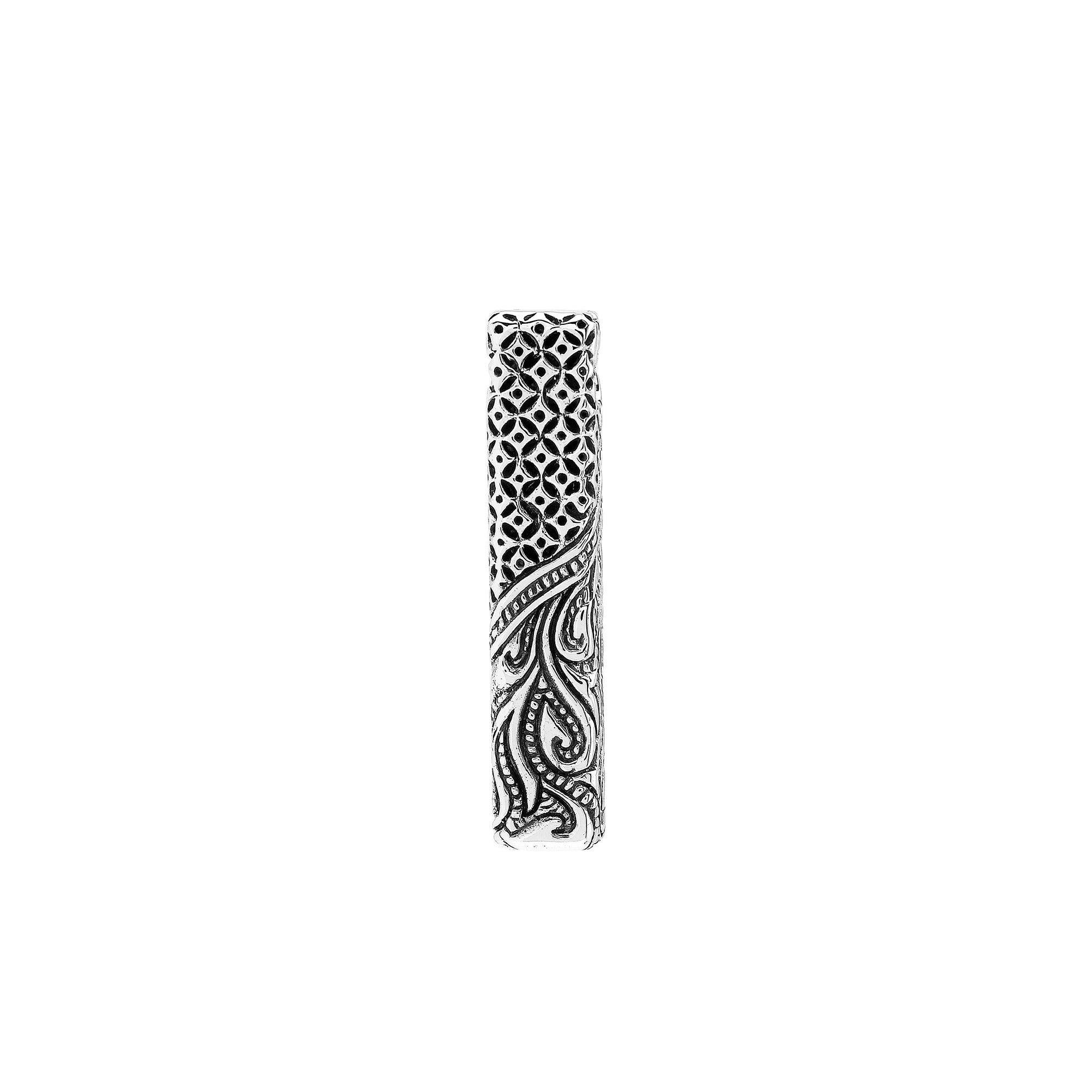 Sterling silver rectangular pendant with detailed Bali carving and oxidized finish – handcrafted unisex artisan jewelry for everyday wear or gifting.